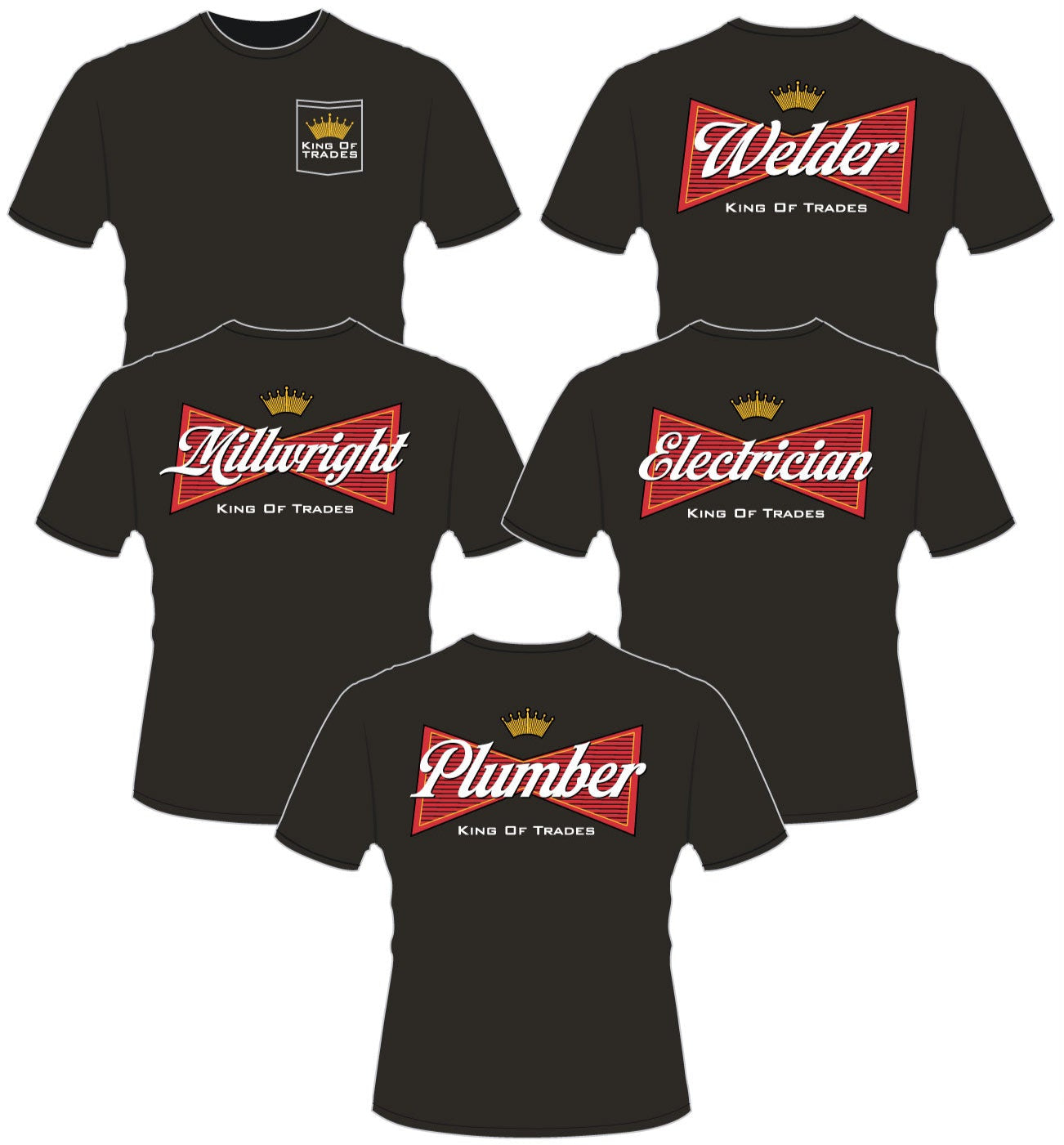 Collection of black t-shirts with various trades-related designs on a white background.