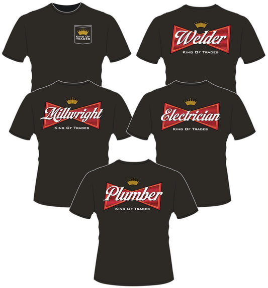 Collection of black t-shirts with various trades-related designs on a white background.