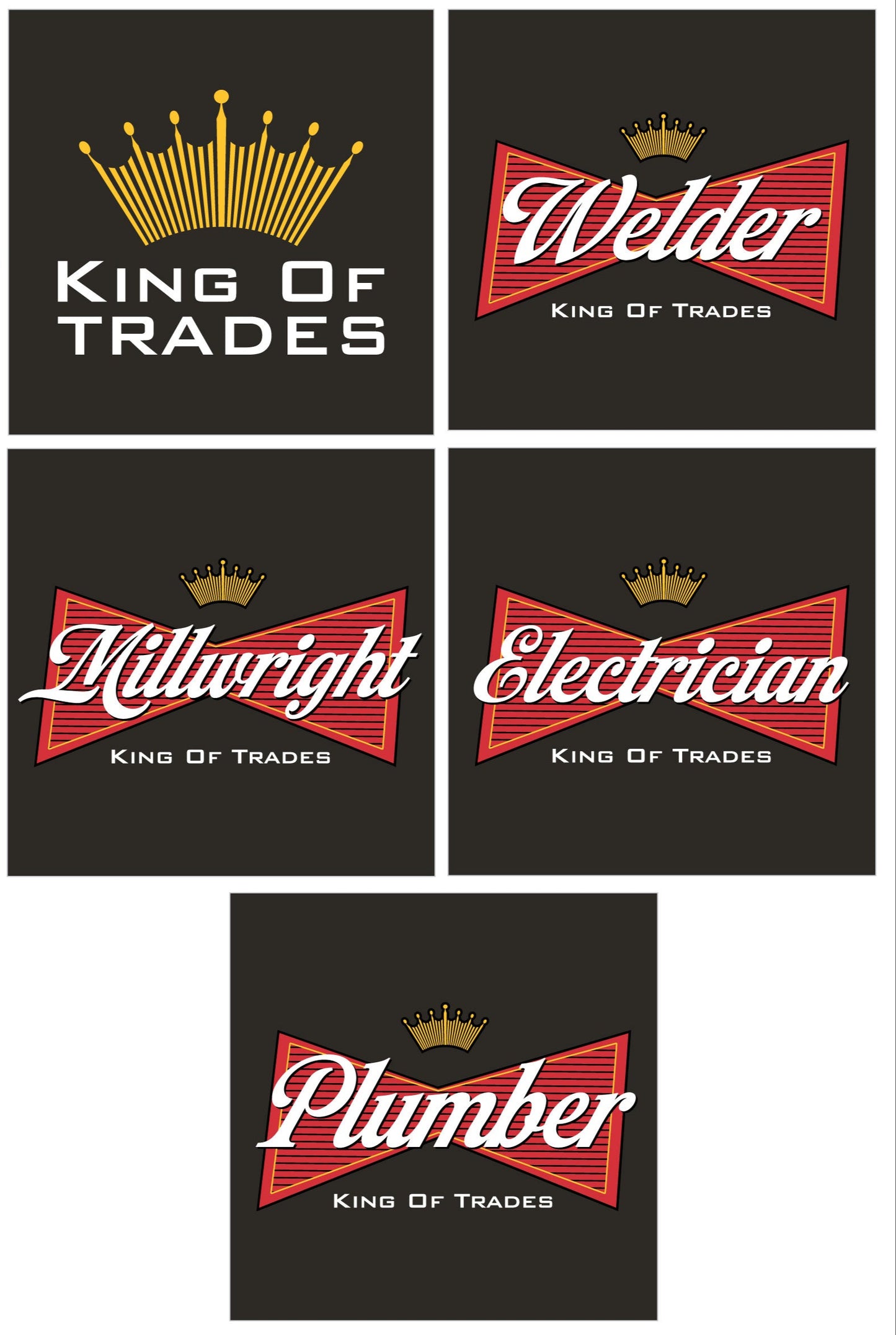 Collection of black t-shirts with various trades-related designs on a white background.